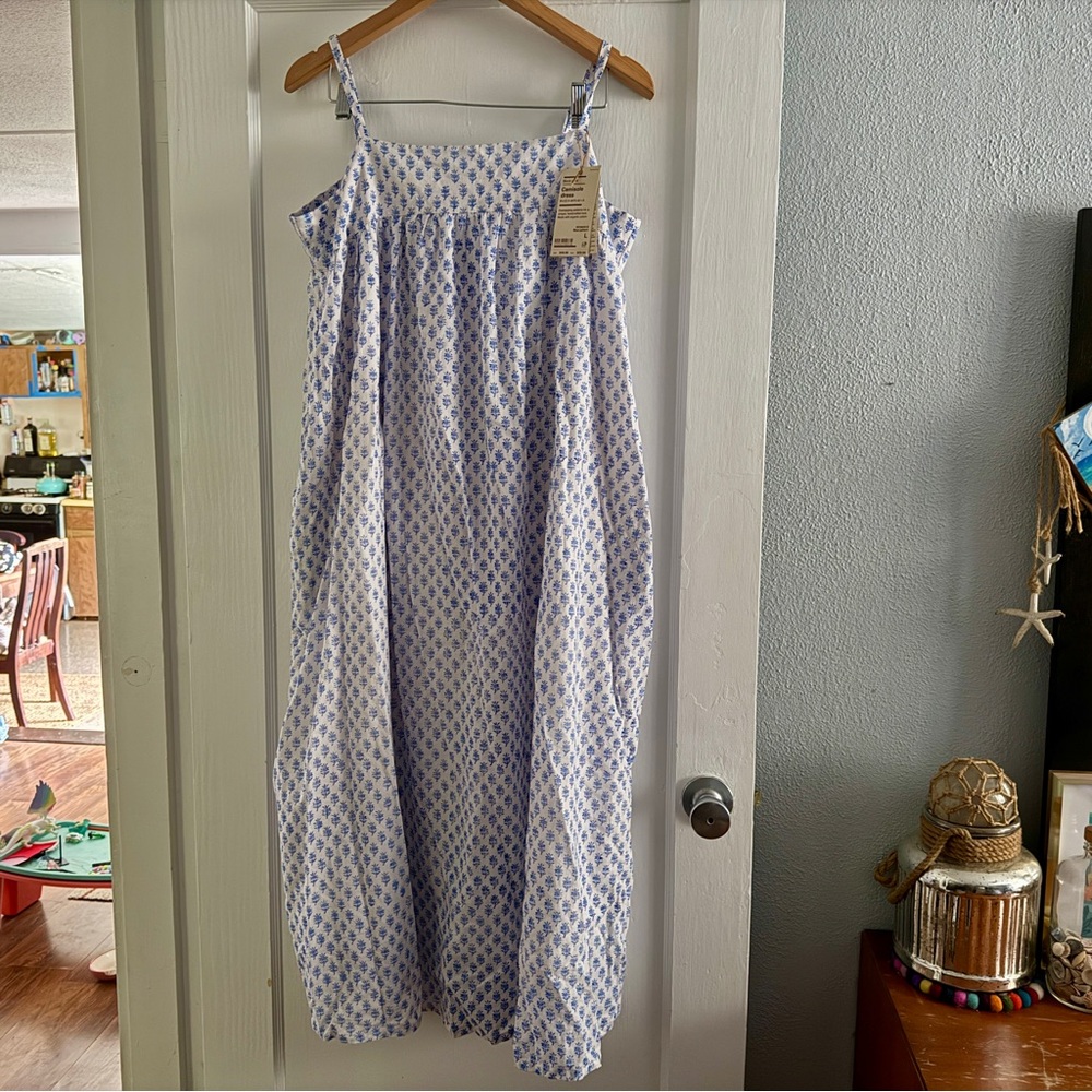 Lightweight White Sundress with Blue Floral Print